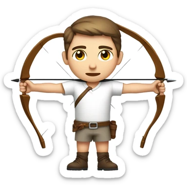 a male archer aiming with a bow facing  his target, eyes closed, wearing a white shirt, very short brown hair, bright skin, only show upper part of the body from waist up sticker