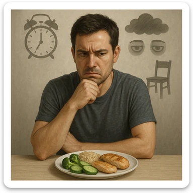 30-year-old thoughtful man sitting at a table in front of a healthy plate with vegetables, brown rice, and chicken, with a suspicious and worried expression towards the food. Behind him, transparent and blurred symbols: an alarm clock (stress), dark clouds (repressed emotions), dark circles under eyes (insomnia), and an empty chair (sedentary lifestyle). Neutral atmosphere, realistic style with a symbolic touch. sticker