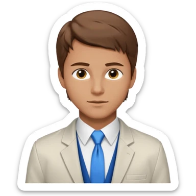 un homme type caucasien brun plutot jeune avec des jolies traits avec une chemise blanche et une veste a manche longues et cravate bleu il a les yeux marron sticker