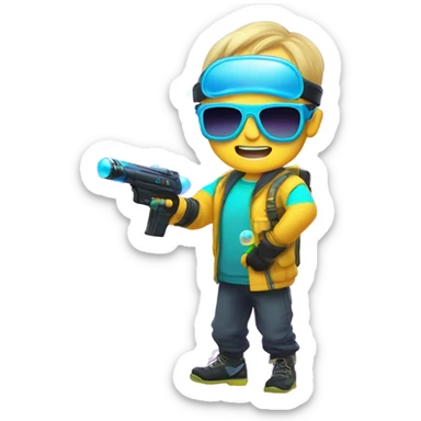 Caucasian boy in glowing rave gear with sunglasses and mask and headlamp and shooting a bubble gun sticker