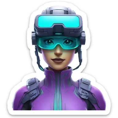 Secret humanoid agent in a futuristic hat with in Apple VR goggles headset code display on the goggles , cyberpunk, cyan and purple colors, only upper body portrait, front facing the camera  sticker