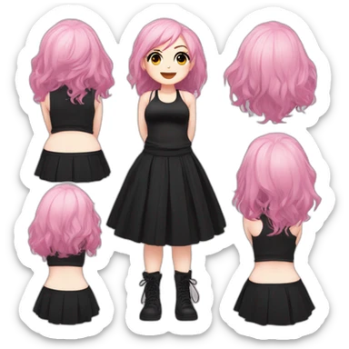 Full body Front view curvy emo girl pink hair sits on the floor straight view hands up black skirt белые трусики полосатые рваные чулки sticker