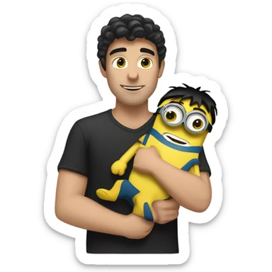 white male, black hair hugging and holding a minion with green eyes sticker