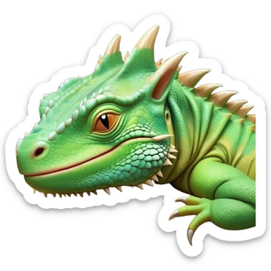 Meme-Worthy Cute Sleeping Iguana Portrait Emoji, Head resting peacefully with a contented smile, showcasing a solid, textured body with a subdued spiky crest and eyes gently closed in serene slumber, Simplified yet adorably endearing features, highly detailed, glowing with a soft, drowsy jungle light, high shine, relaxed and utterly lovable, stylized with an air of playful laziness, soft glowing outline, capturing the essence of a sleeping iguana that feels destined to become the next viral icon of adorable rest! sticker