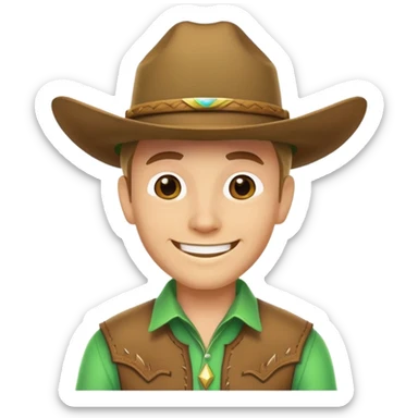 Smiling cowboy wearing a bright green cowboy hat sticker