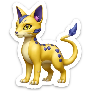 Golden-mustard-beige-yellow-gradients-colored, with black rosette-splotches, scaley Bastet-Liepard-Noibat-Gatomon-Garchomp-Digimon-Fakémon-Pokémon-creature (full body) sticker