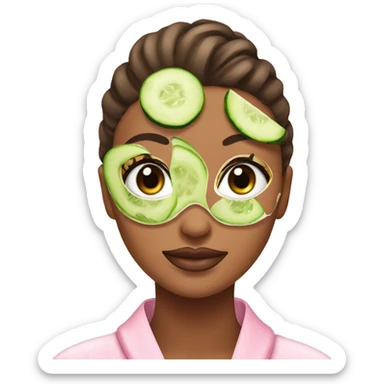 Girl with a bun and a pink robe with a green skincare mask on and cucumbers on her eyes sticker