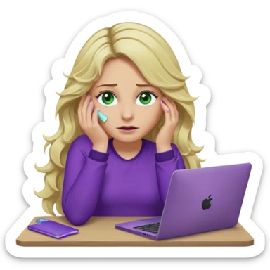lady with long wavy blonde hair, purple top, green eyes, elbow on desk with hand on face, with a purple mac laptop tears rolling down her face as poorly sticker