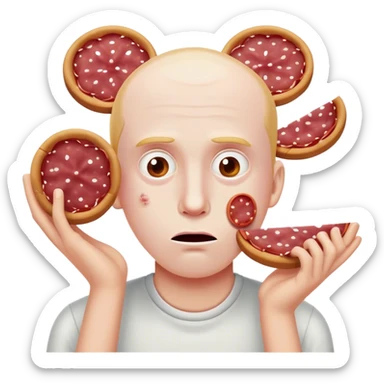 a stunned face emoji with salami slices covering the eyes sticker