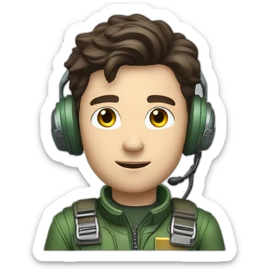 A young white male tennager with dark brown hair and brown eyes in a pilot suit and wearing a green Pilot headset sticker