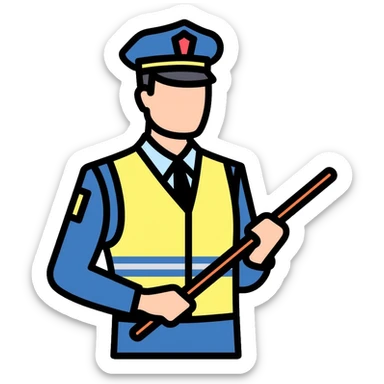 Russian traffic police officer with reflective vest, blue uniform, peaked cap, directing traffic with striped baton sticker