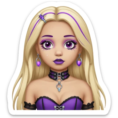 Ai light skin girl , who has straight long length blonde hair with heavy purple streaks , hazel eyes , and doll like makeup , with a septum piercing, nostril piercing, in a black corset emoji sticker