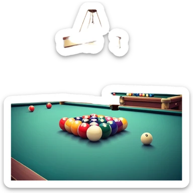 A well-arranged pool table with colorful billiard balls neatly placed, and a cue stick poised to take a shot. The setting is a dimly lit room with a focused atmosphere, highlighting the precision and strategy involved in the game of billiards. sticker