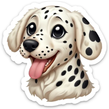 Cinematic Cute Yawning Spotted Dalmatian Portrait Emoji, Head tilted slightly with a dramatic, wide-open yawn, showcasing a smooth Fur of predominantly white with bold black patches, floppy ears slightly drooping, round eyes barely open in drowsy contentment, Simplified yet irresistibly adorable features, highly detailed, glowing with a soft, cozy glow, high shine, relaxed yet expressive, stylized with a touch of whimsy, bright and endearing, soft glowing outline, capturing the essence of a sleepy yet affectionate guardian, so drowsy it feels like it could stretch out of the screen and curl up for a nap! sticker