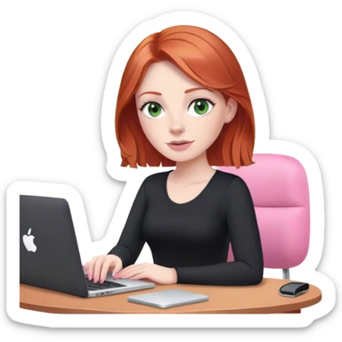 Redhead with green eyes sat at desk with pink MacBook and  podcast microphone black top and pink chair  sticker