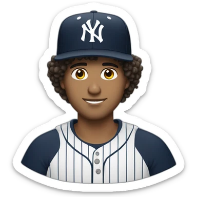 20yo curly hair mexican man with a MacBook and a yankees cap sticker