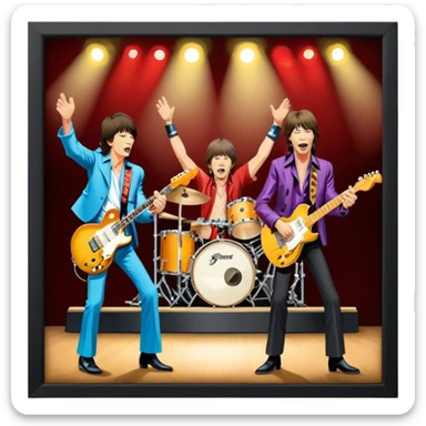 Icon for Rock Music: The Rolling Stones live on stage with Mick Jagger performing vocals, Keith Richards playing guitar, and Charlie Watts on drums. Iconic stage lights, electric guitars, and energetic crowd. Transparent background. sticker