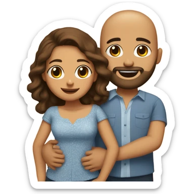 Brown-haired Puerto Rican woman with dark brown eyes wearing a cute blouse giving comforting hug to short, bald man with brown eyes, laugh lines, and a beard sticker