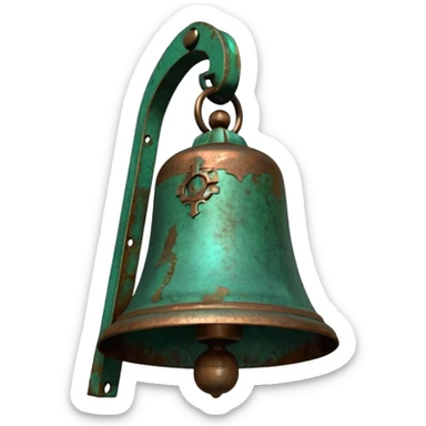 3D render of Church Bell, heavily oxidized copper texture, verdigris patina, Green weathered metal surface, weathered bronze aesthetic, ancient decay, emoji style, isolated on white background --v 6.0. sticker