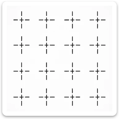 a series of layout markings spaced in an even symmetrical grid, as in camera viewfinder crosshairs. black and white high contrast, precision optics sticker