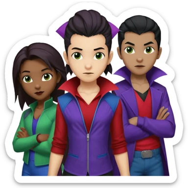 Solo poly platonic relationship, one African girl, one Asian boy, one biracial features Asian tomboy girl rat-tail hair long and upper masculine hair 90s, vampire and marvel cosplay elements inspired  use marvel race, like instead of obvious human, green purple blue etc,  sticker