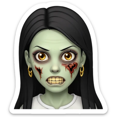 Faça uma zombie mulher com grillz com olhos castanhos cabelos liso preto partido ao meio e estilo baddie sticker