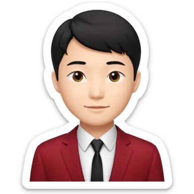 handsome Asian man emoji, short black hair with soft fringe, clean and elegant look, fair skin, gentle smile, wearing dark red suit and white shirt sticker