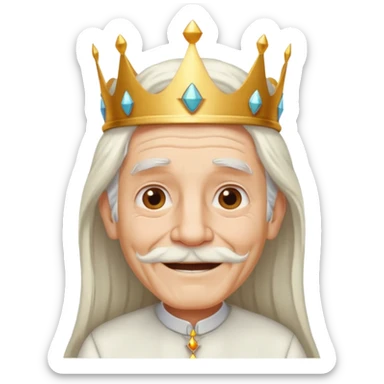 a smiling old man with long white hair and has no beard wearing a white smart shirt and a crown sticker