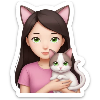 This Chinese girl has fair skin. She has long semi-short dark brown hair and is wearing a pink T-shirt. She is holding a white folded-eared cat, her cat has light green eyes sticker