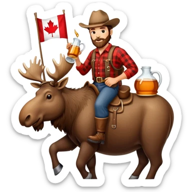 Canadian lumberjack, drinking from a jug maple syrup, carrying a furling Canadian flag, and riding on a moose sticker