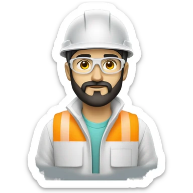 A young Armenian builder engineer with a light black beard, with a glasses, with a white helmet and a phosphorescent protection jacket, front view sticker
