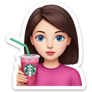 make an emoji of a brunette blue eye girl wearing pink drinking a strawberry acai refresher from starbucks sticker