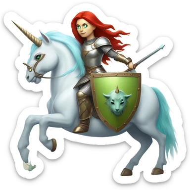 medieval shield: [politically incorrect, (
	{ female, alien, color: light green, hair:red, eyes:cat} ]
	on a 
	[{ unicorn: white, legged:four, mane: light blue }]) sticker