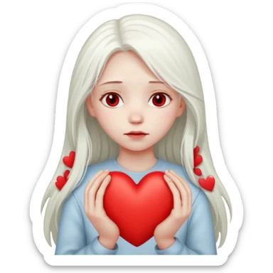 A girl with long white hair is sad and holds a red heart in her hands sticker