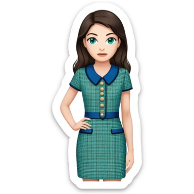 a 30 year old female venture capitalist with 50% greek and 50% american genes, 6 ft tall, long dark brown hair and blue/green eyes, wearing a chanel tweed professional dress sticker