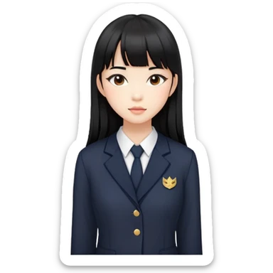 Asian woman in a chic school uniform, long black hair with straight bangs, and visible makeup sticker