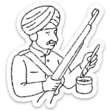 Indian soldier greasing a gun, hand drawn outlined icon sticker