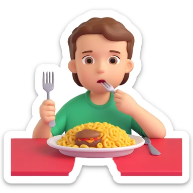 A stylized 3D character of a 6-year-old child sits at a table, looking bored at a plate of macaroni and a meat patty, absentmindedly poking the macaroni with a fork. sticker