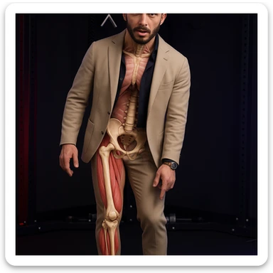 Realistic man standing in a gym, pose as in the reference, pelvis tilted, knee in valgus, and pronated foot. Visible skin and muscles, some translucent areas partially showing bones and joints involved (pelvis, knee, foot). Natural expression, clothing similar to the reference, hyperrealistic 4K details, gym environment. Frontal view. Variant 8. sticker