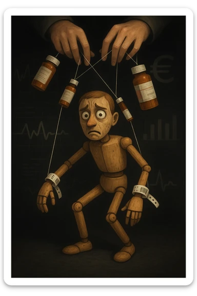 a marionette puppet with hospital bracelets and medication bottles as strings is controlled by unseen hands from above. The puppet’s face shows confusion and fatigue, representing the feeling of being managed by an invisible system. The background is dark, with faint images of medical charts and euro signs. in italiano sticker