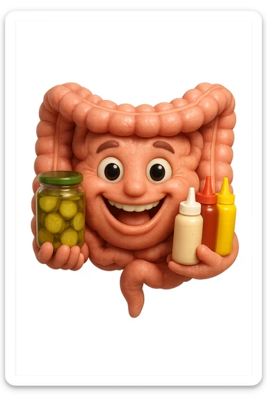 emoji stile iphone di intestino umano con espressione felice mentre tiene in mano cetriolini sottaceto, maionese, salsa barbecue, salsa, senape realistica
IPERREALISTICO 4K sticker