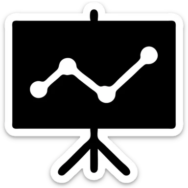 Minimalist icon of a presentation with a graph, solid black fill, transparent background. The graph has one wavy line. sticker