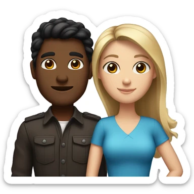 Couple with arms around each other. man with brown skin and black hair. Shorter white woman with long brown hair and blue eyes  sticker