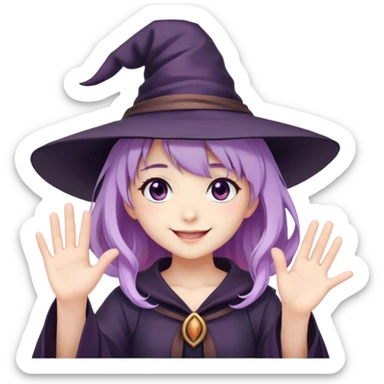 anime girl with lilac hair in a witch hat waving and smiling sticker