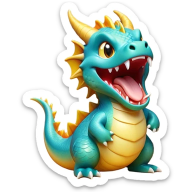 Cinematic Cute Yawning Dragon Portrait Emoji, Head tilted slightly with a dramatic, wide-open yawn, showcasing a soft, lustrous scaled body with gently drooping fins and half-closed, drowsy eyes, each scale rendered in exquisite detail under natural light; high shine, relaxed yet expressive, styled with a dash of fantastical charm, soft glowing outline, capturing the essence of a sleepy yet affectionate dragon that appears ready to stretch out and rest in its enchanted lair! sticker