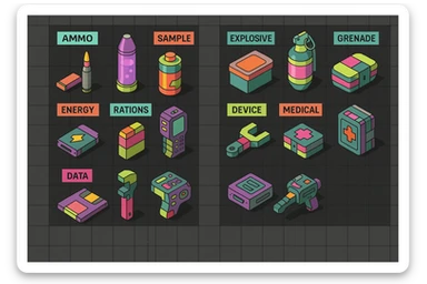 a virtual display, a gray grid with darker gray cells, each cell containing an item viewed in isometric minimalism render The cells have pastel neon colored labels in their upper corner, indicating various traits of the items. retrofuturism, circa 2880's.
The items are scientific and military in nature - varieties of munitions, scientific samples, rations, data storage, utilities. There are two arrays of grids, one left, one right. Each array has a few empty spaces at the bottom. "graphic realism." brutalism. the items are adorned in a combination of  bright colors, neon-safety, early 90's pallet, with muted gray tones in EVEN BALANCE. sticker