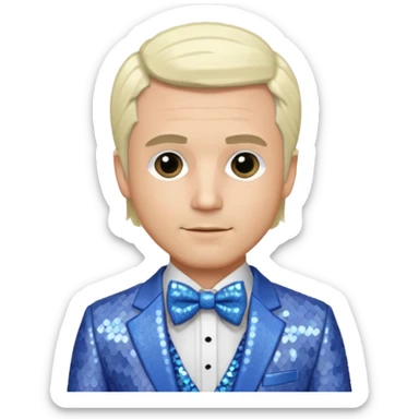 Freddie Prinze Jr with platinum blonde hair, periwinkle sequin suit with bow tie sticker