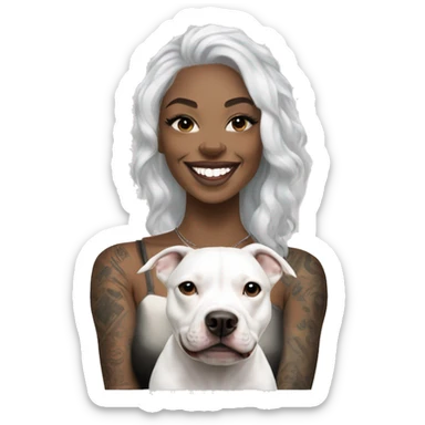 light skin woman with a face tattoo of a cross and long wavy black hair expressing joy alongide a white miniature pitbull  sticker