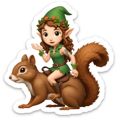 tiny forest elf long curly brown hair tattoos riding squirrel sticker