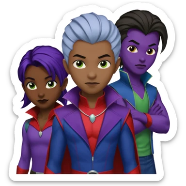 Solo poly platonic relationship, one African girl, one Asian boy, one biracial features Asian tomboy girl rat-tail hair long and upper masculine hair 90s, vampire and marvel cosplay elements inspired  use marvel race, like instead of obvious human, green purple blue etc,  sticker